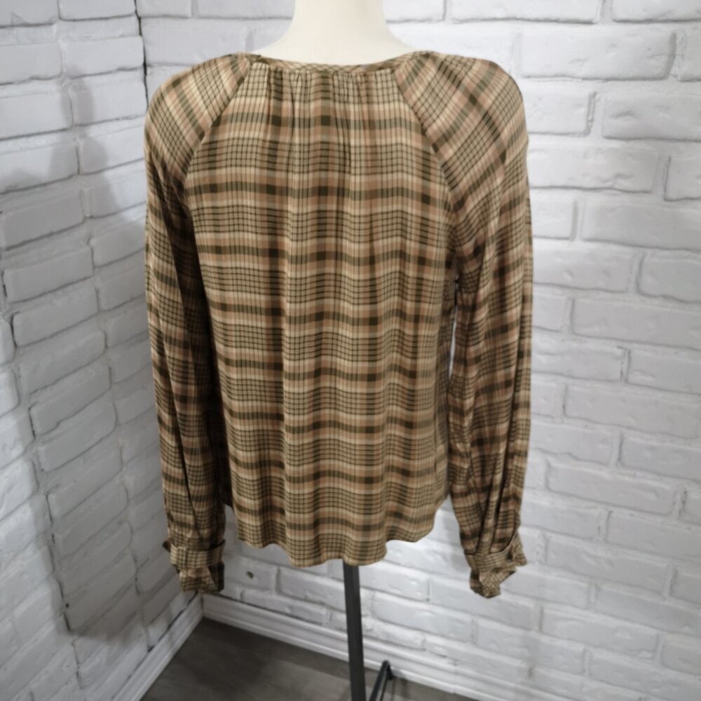 RW&CO Ladies Size Medium Tan Brown Grey & Beige Plaid Long Sleeves Blouse - Picture 2 of 10